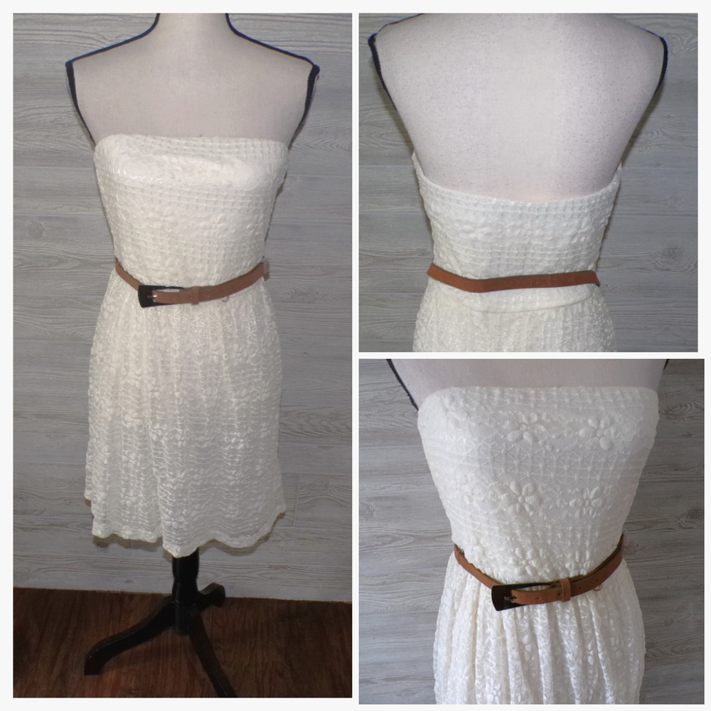Y2k Strapless Lace Dress XL‎ Cream w Belt Boho Coastal Cowgirl Cottagecore Soft